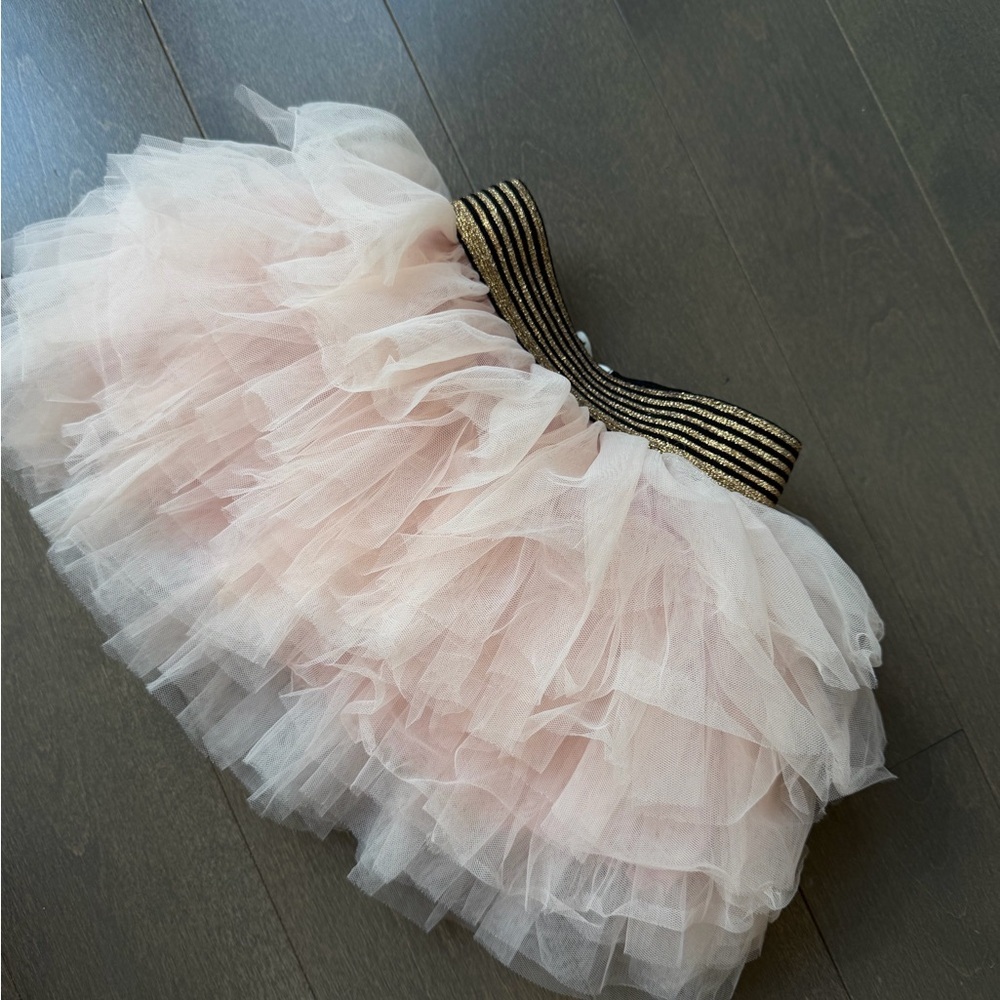 Girls Pink Layered Tulle Skirt with Gold Trim Waistband - Picture 4 of 11